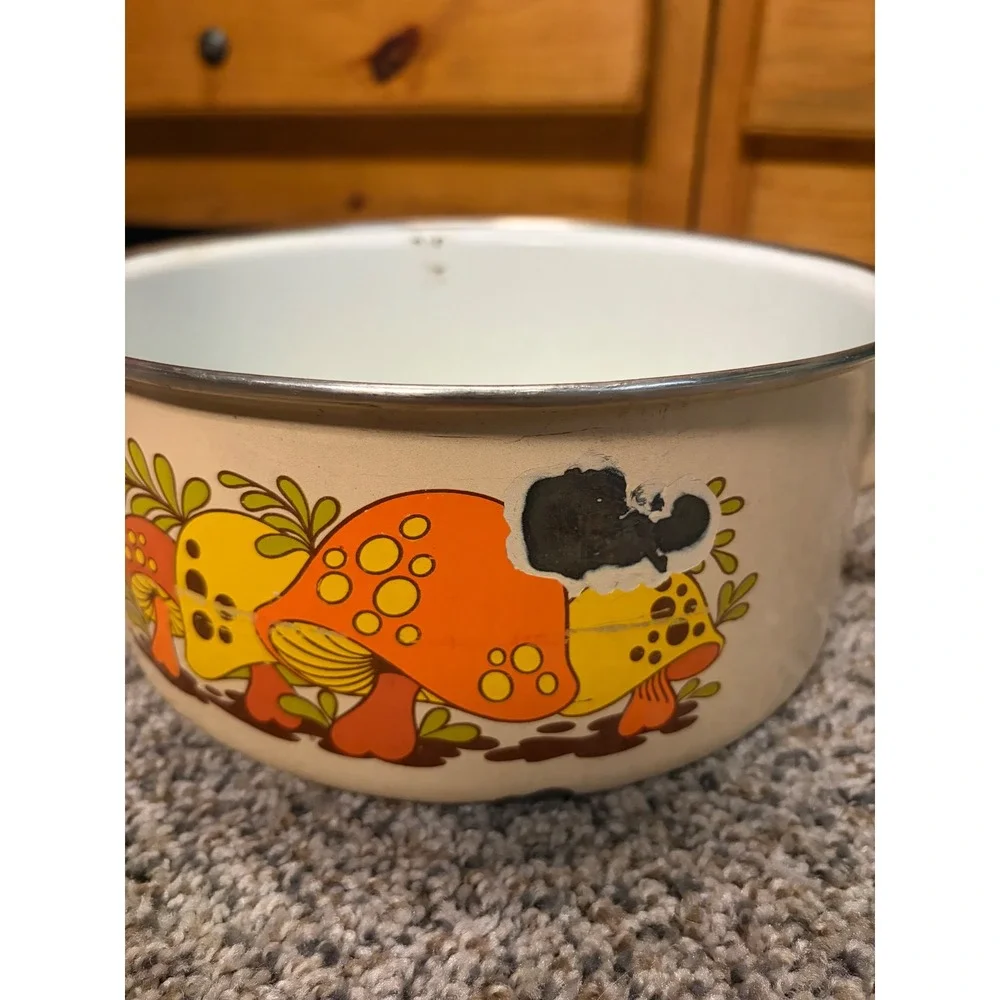 Vintage 70s Enamelware Merry Mushroom Pot Retro